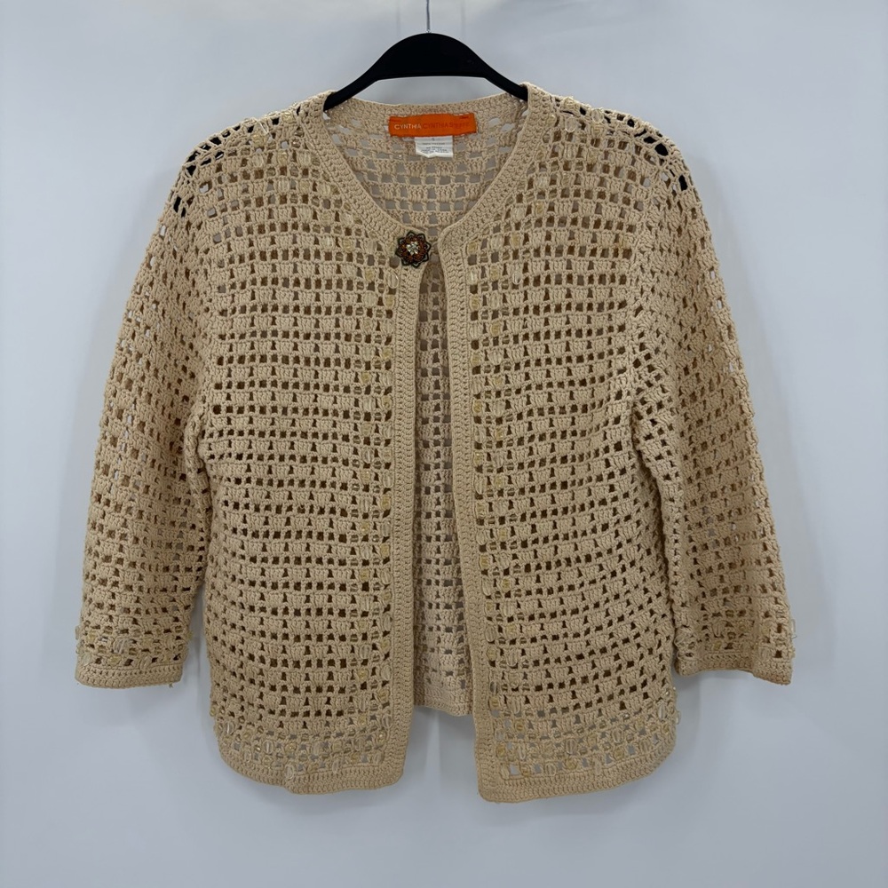 Chunky Beaded Crochet Cardigan Boho Open Knit Coastal Granda Rhinestone Button